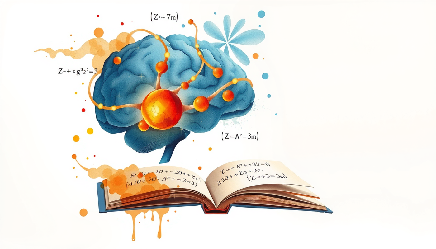 Translucent brain above notebook with glowing neural pathways and formulas.