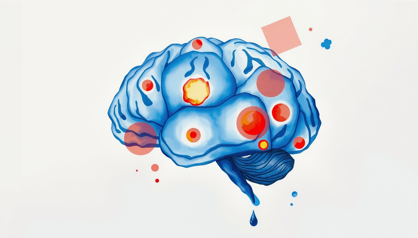 Translucent brain with glowing nodes on a deep navy background.