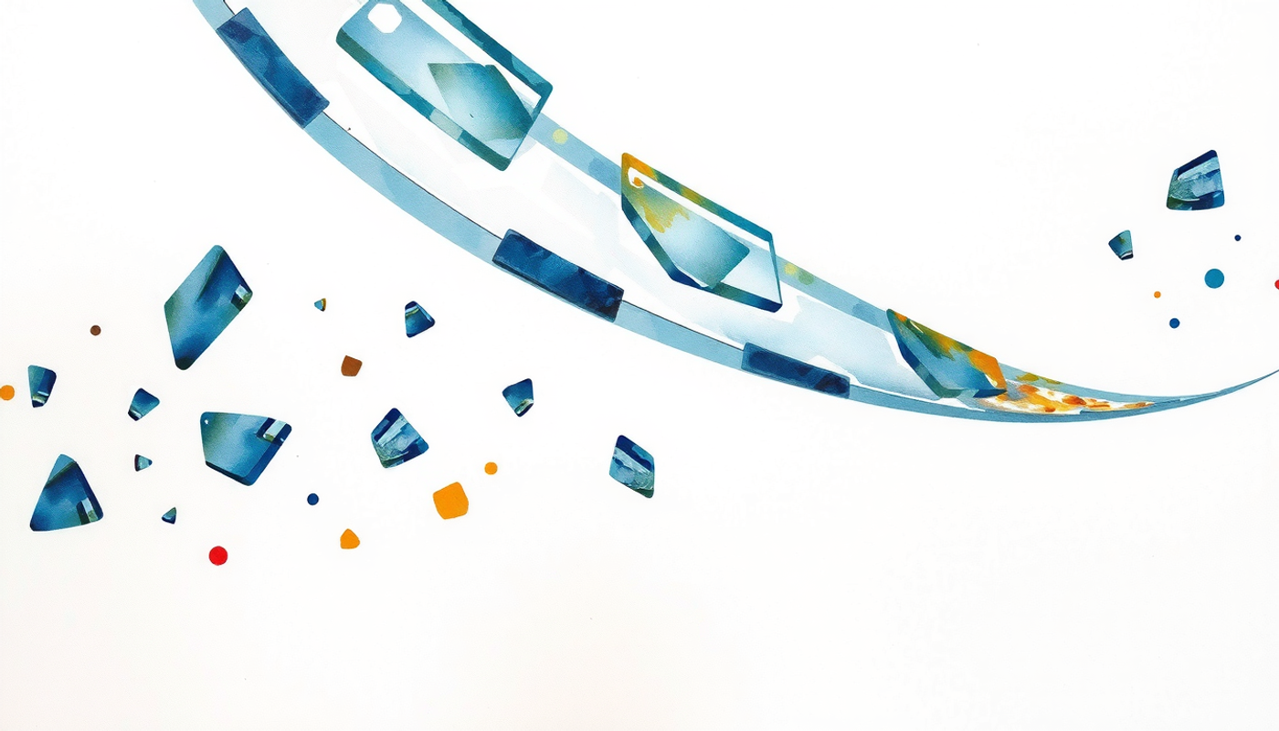 Translucent glass fragments forming a glowing, curved structure in dark space.