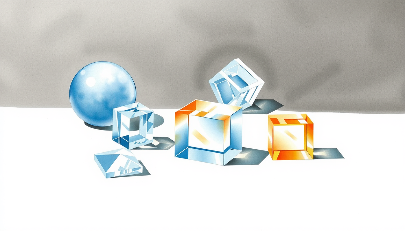 Five translucent glass shapes on a matte dark grey surface.