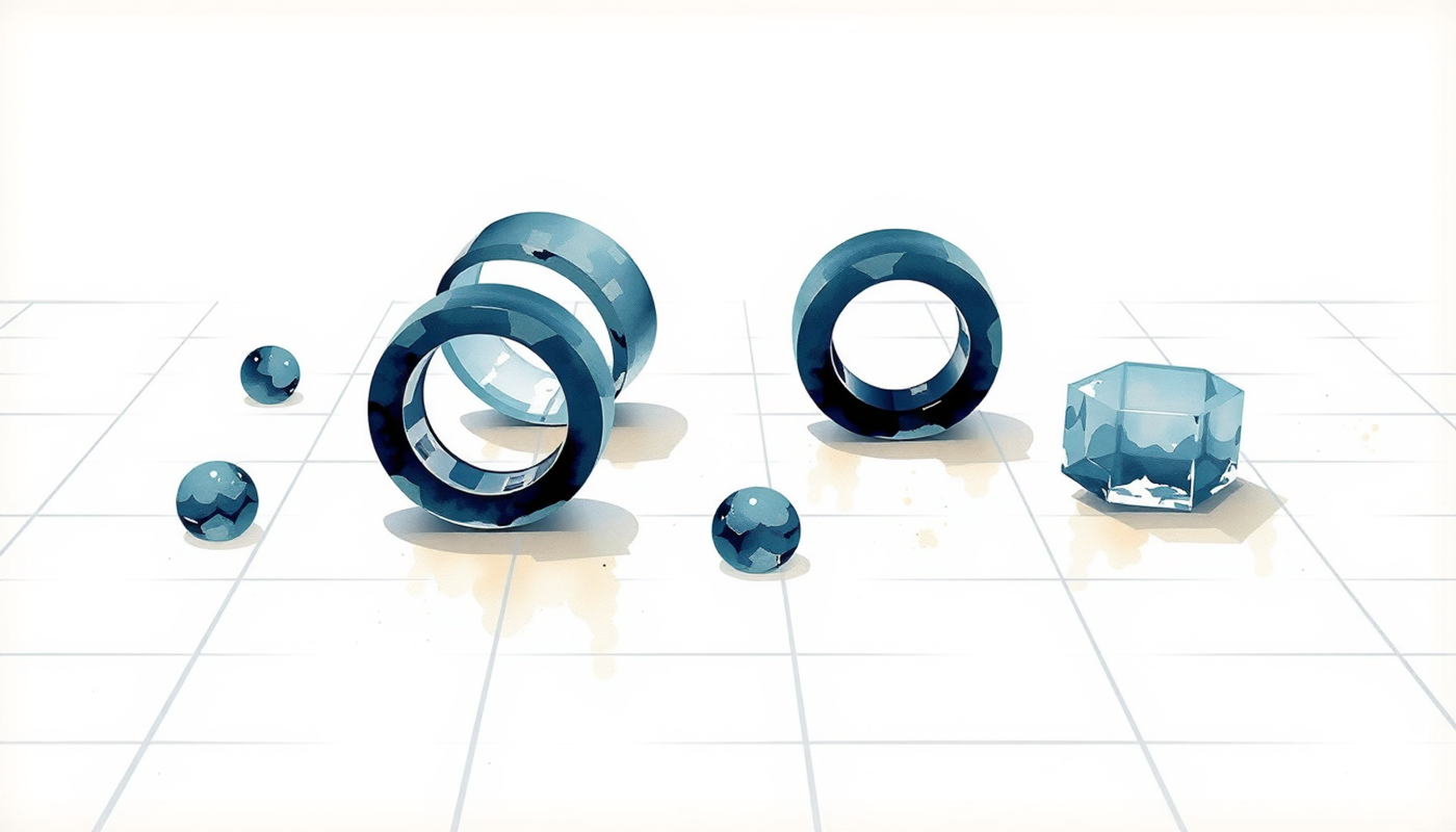 Translucent glass rings on a cream surface with indigo grid.