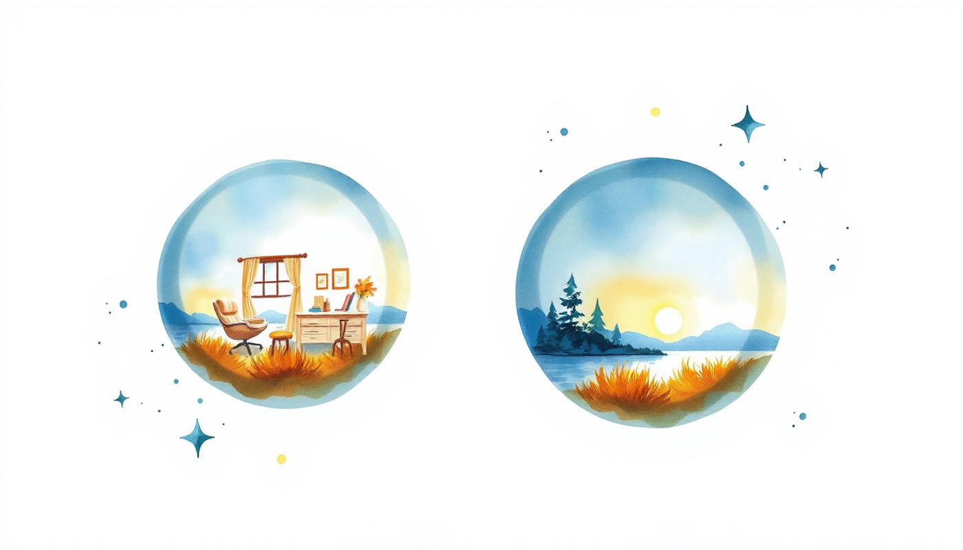 Translucent glass spheres with dreamlike scenes in dark space.