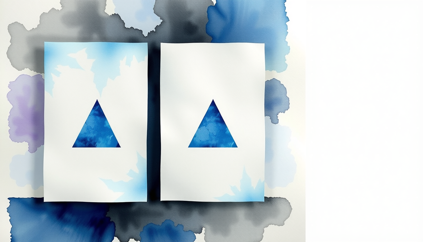 Three translucent glass panes with varying blue triangles on dark surface.