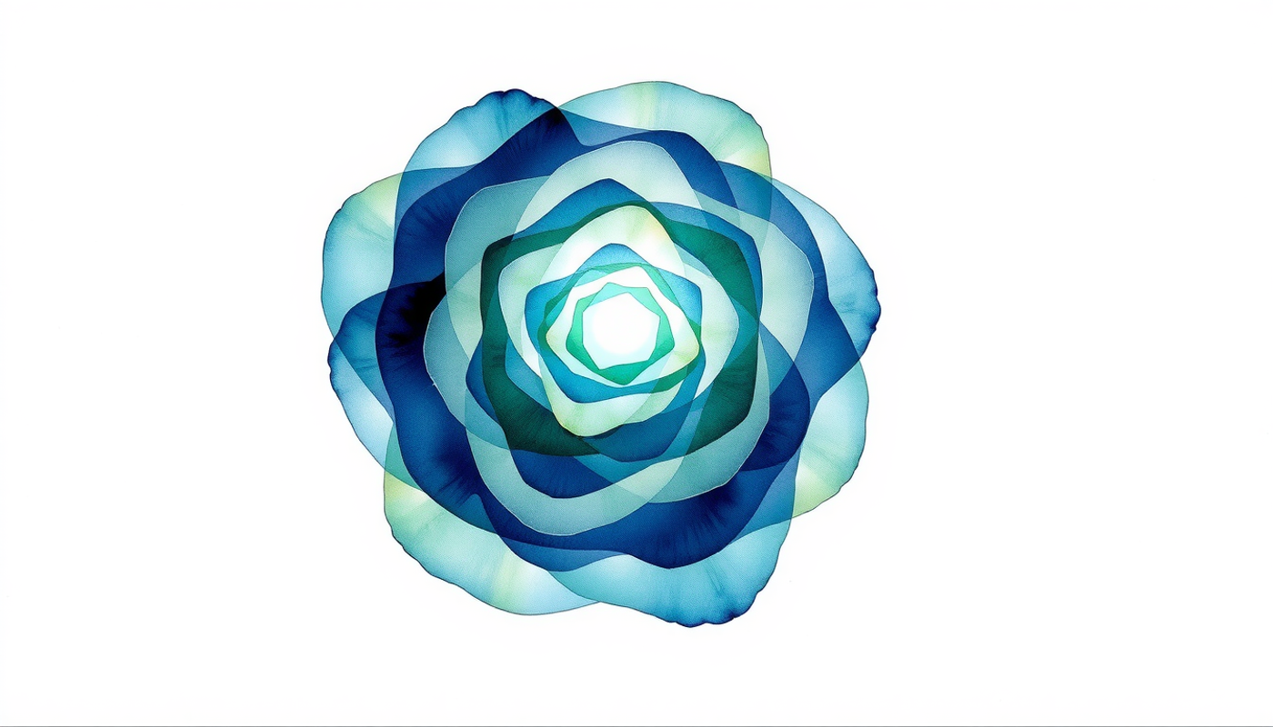 Translucent nested shells glowing in teal and indigo layers.