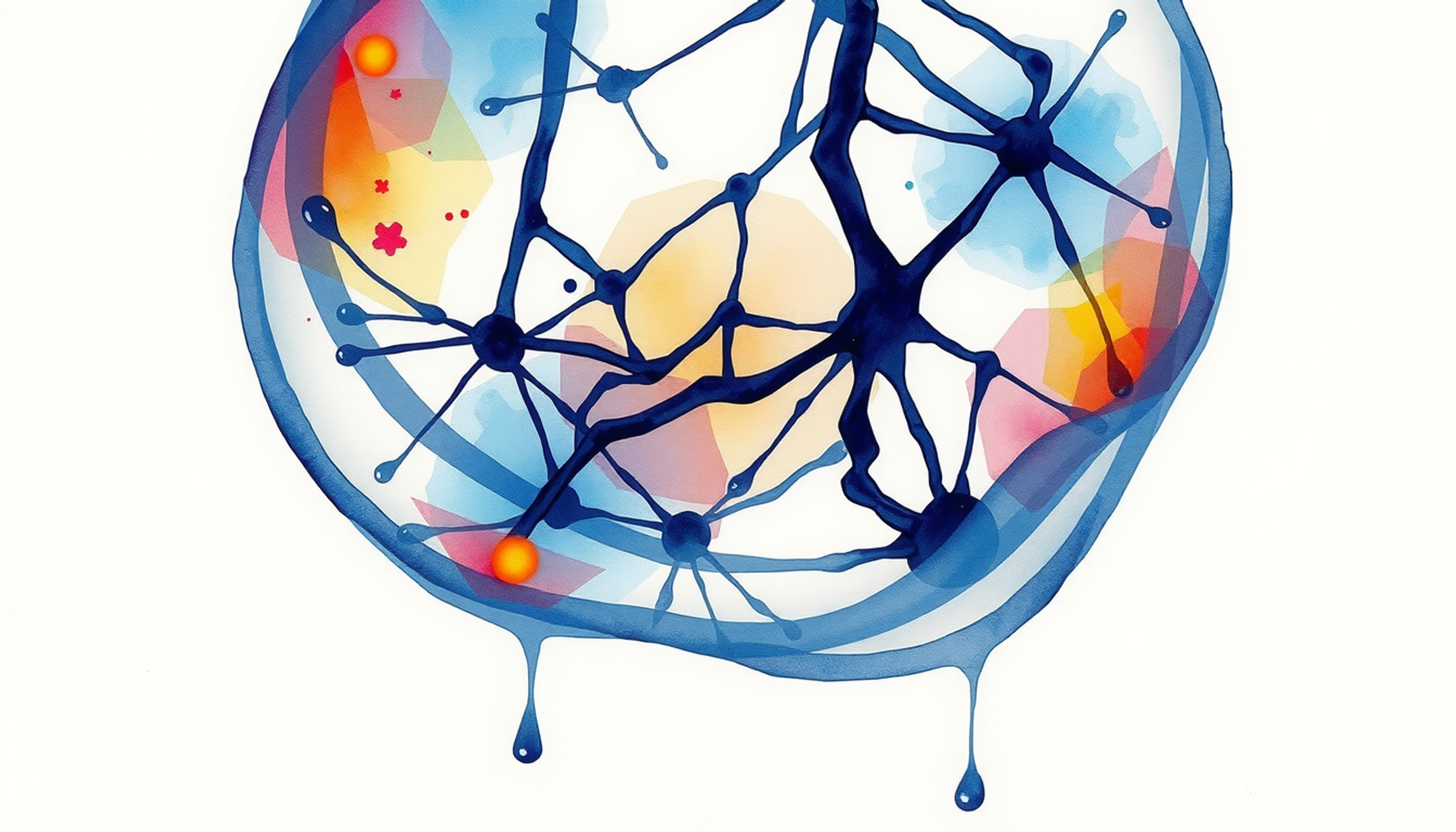 Translucent neural pathways with glowing nodes in indigo and violet.