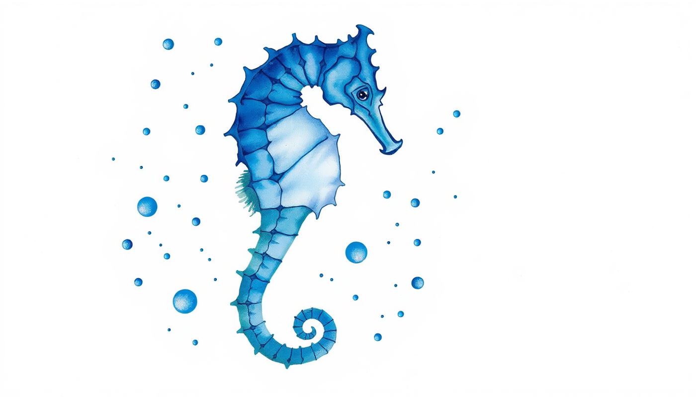Translucent seahorse in space with glowing hexagonal grid patterns.