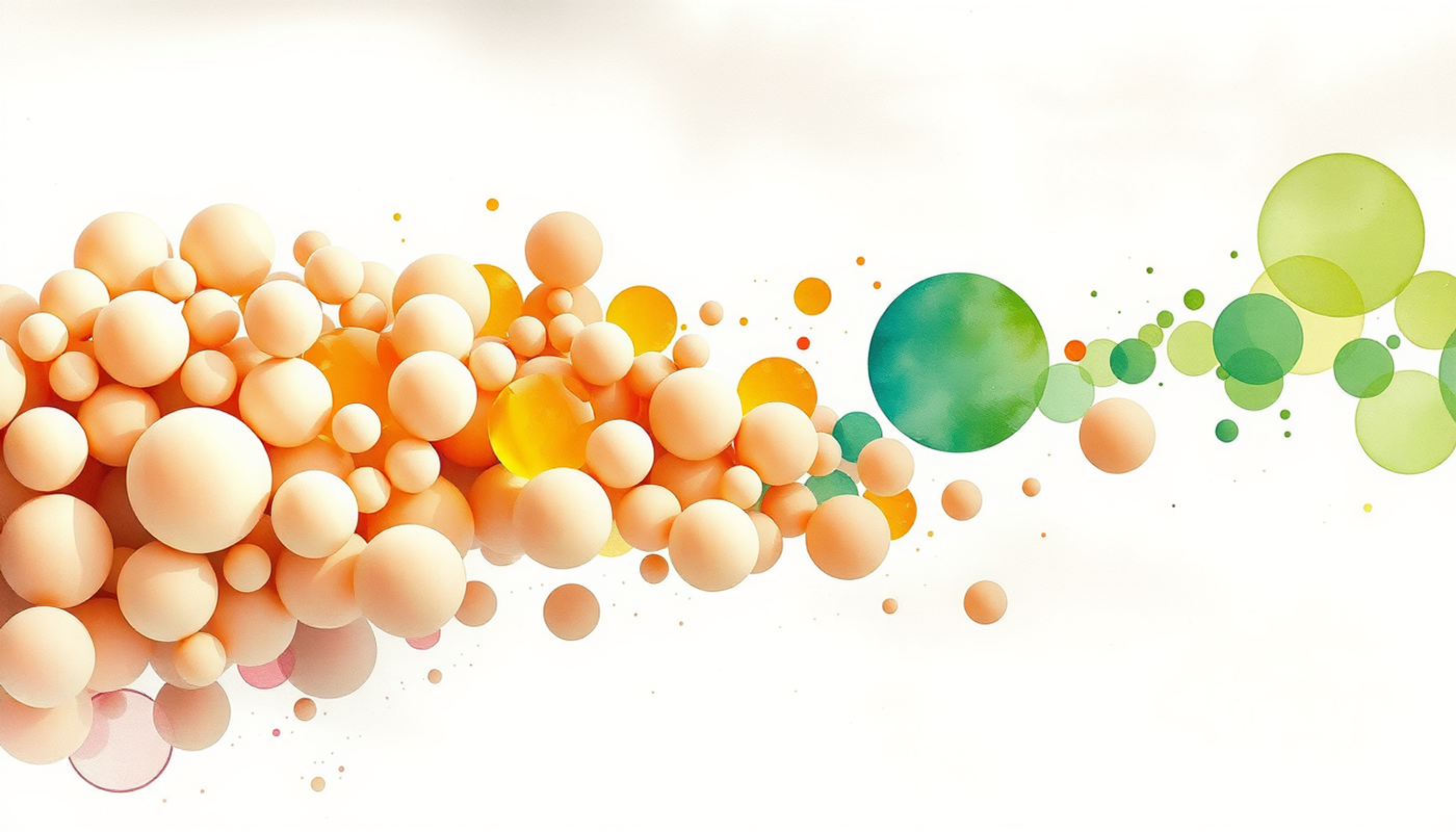 Dense field of translucent spheres with vivid green accents.