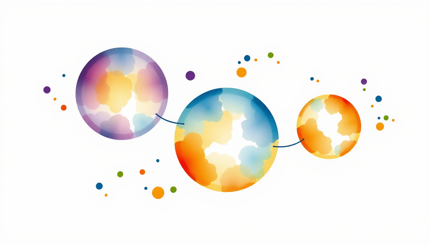 Translucent spheres in space glowing purple, blue, and gold with connecting lines.