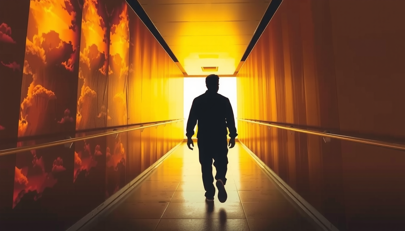 Person walking through a corridor transitioning from stormy to peaceful imagery.