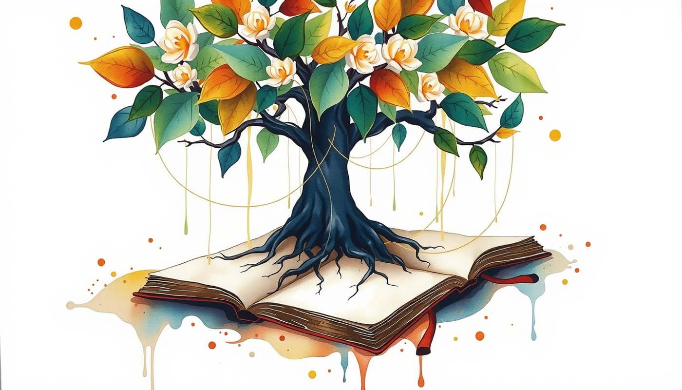 Tree emerging from a notebook, roots in layered soil, vibrant connections.