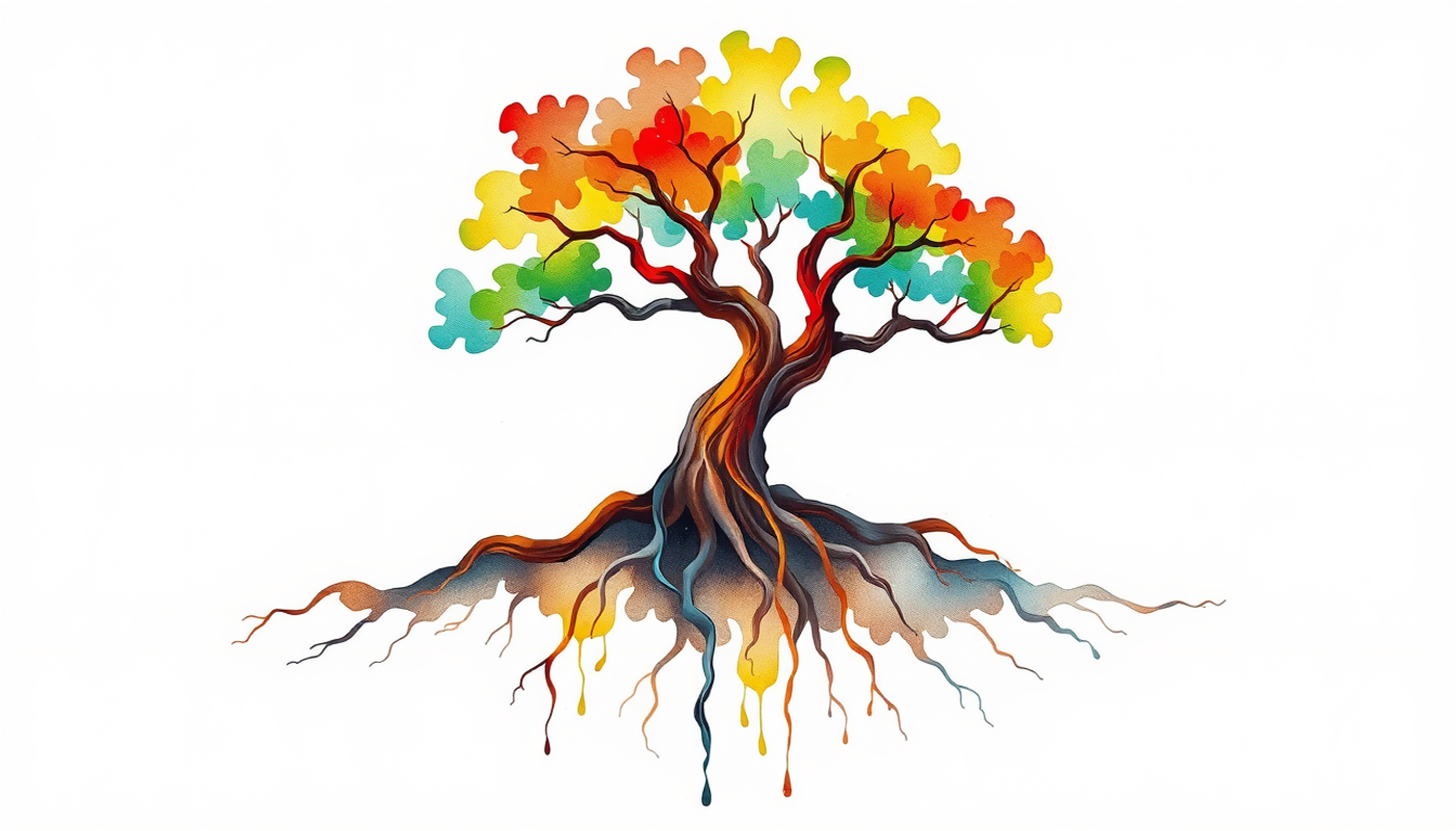 Tree with deep roots and upward branches, glowing pathways connecting knowledge.