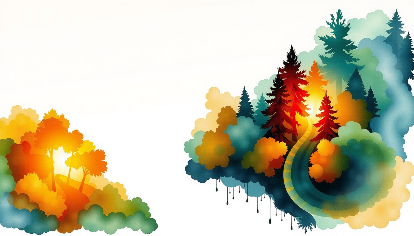 Aerial view of two contrasting forest paths leading to different outcomes.