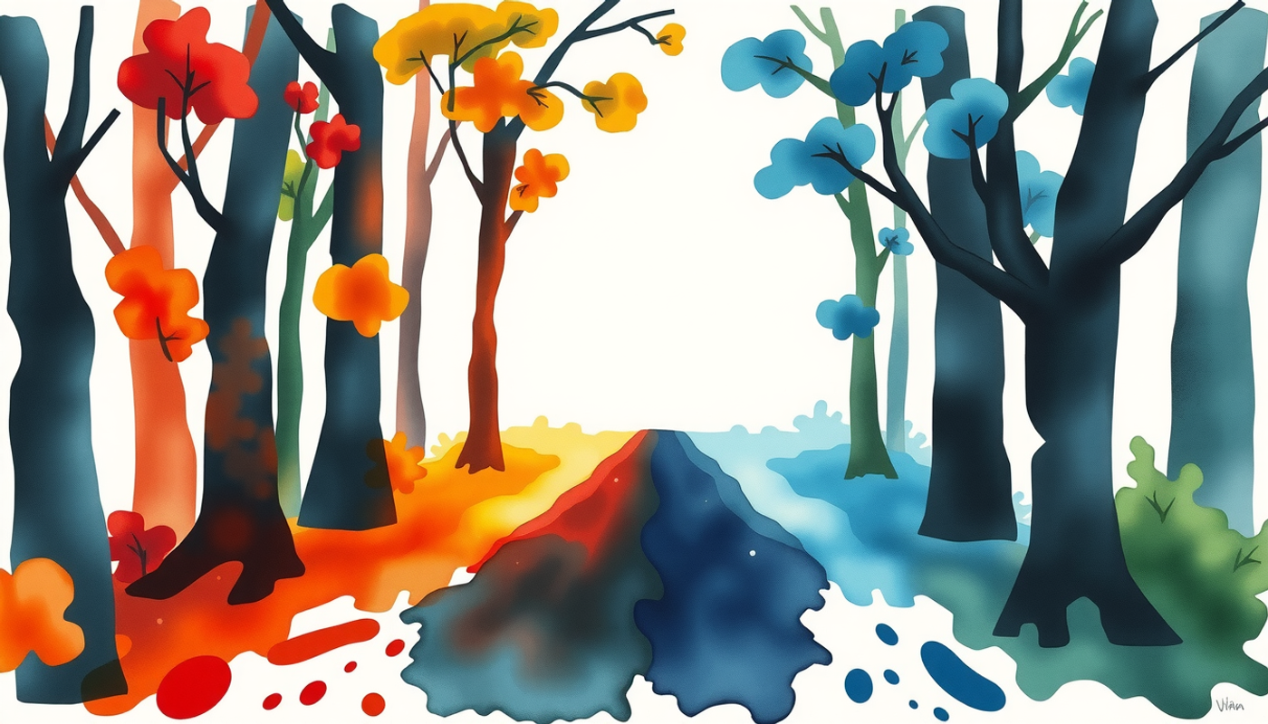 Two diverging paths in a dark forest, one bright, one dim.