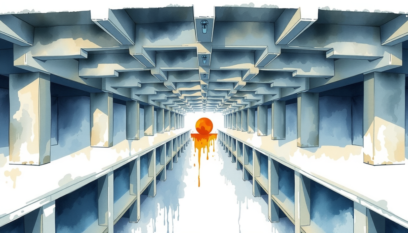 Vast underground concrete structure with empty bays and cold lighting.