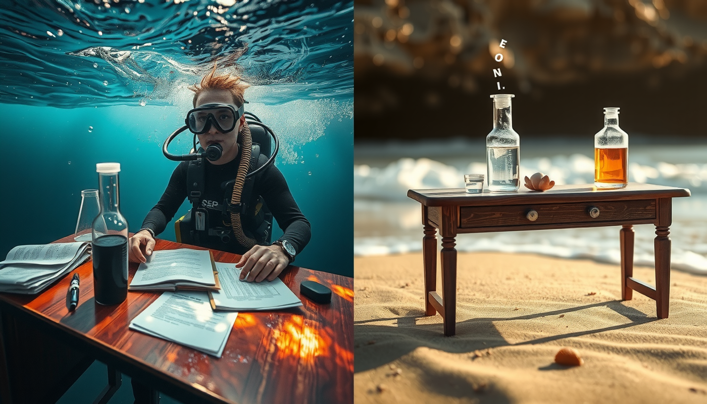 Scuba diver at desk underwater and on sunny beach.