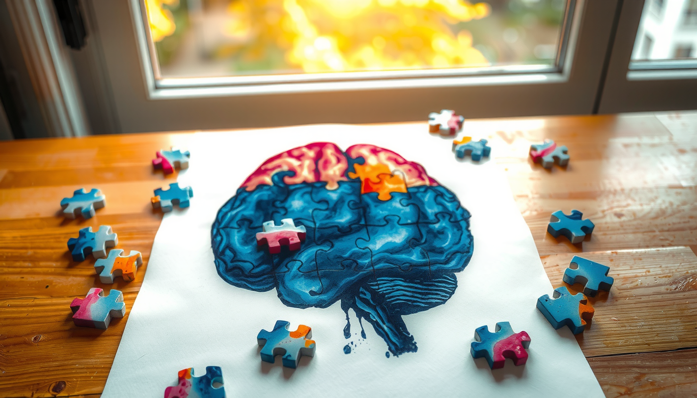 Unfinished jigsaw puzzle on a wooden table with brain imagery pieces.