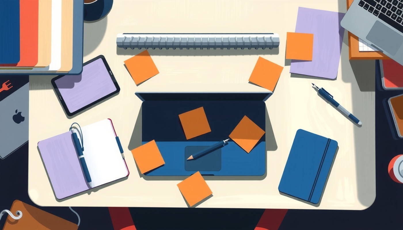 Overhead view of a university desk with study materials and warm light.