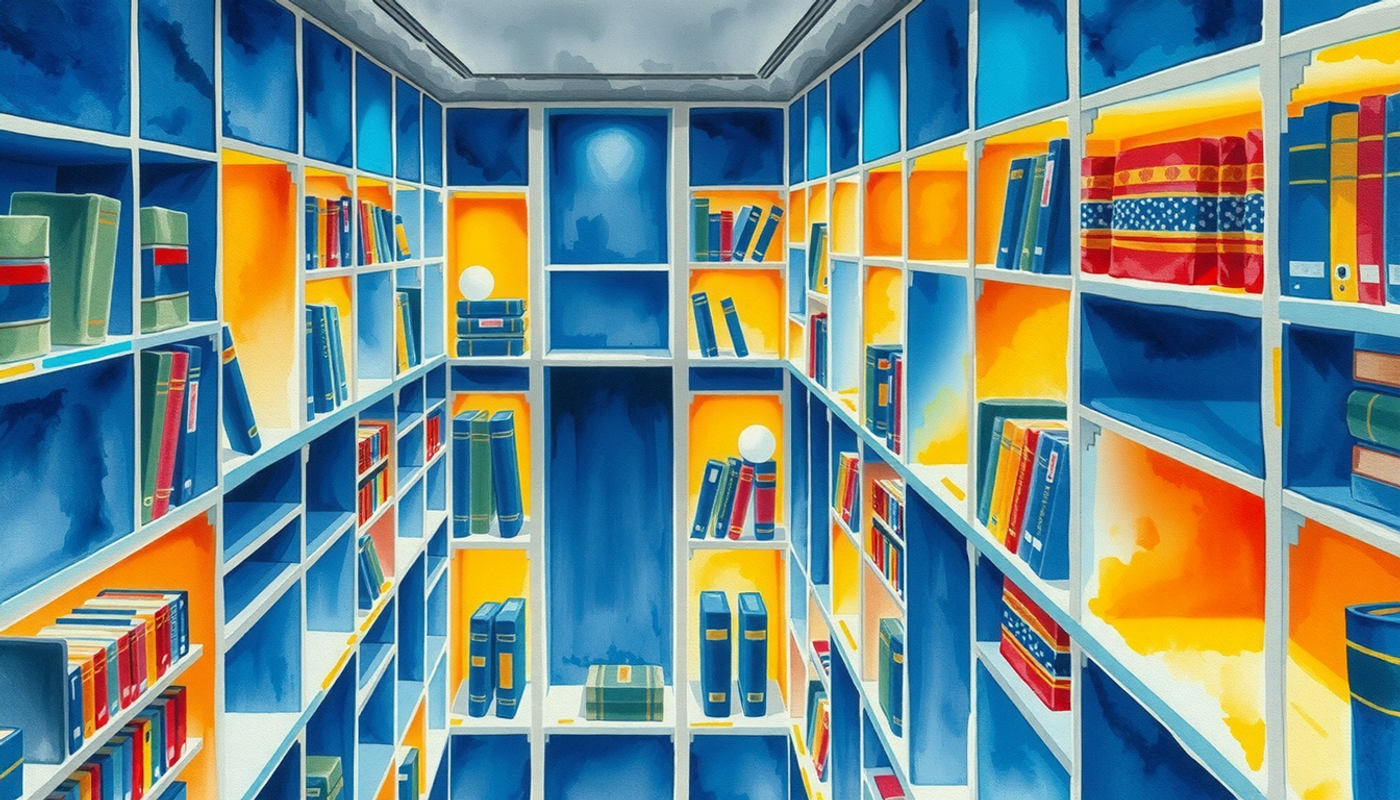 Vast library with glowing shelves symbolizing retained memories amidst emptiness.