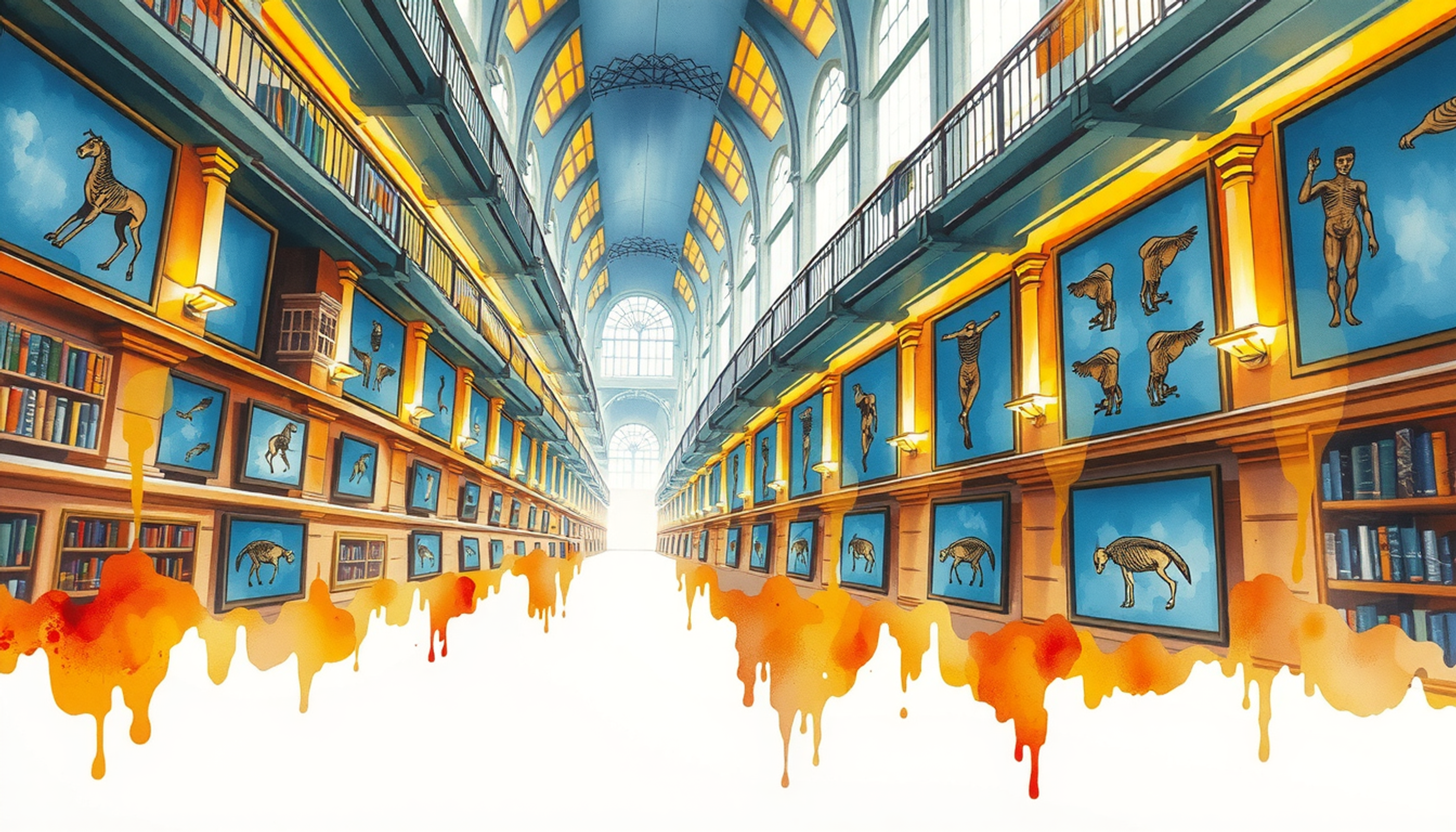 Vast library with illuminated frames showcasing tiny anatomical illustrations.