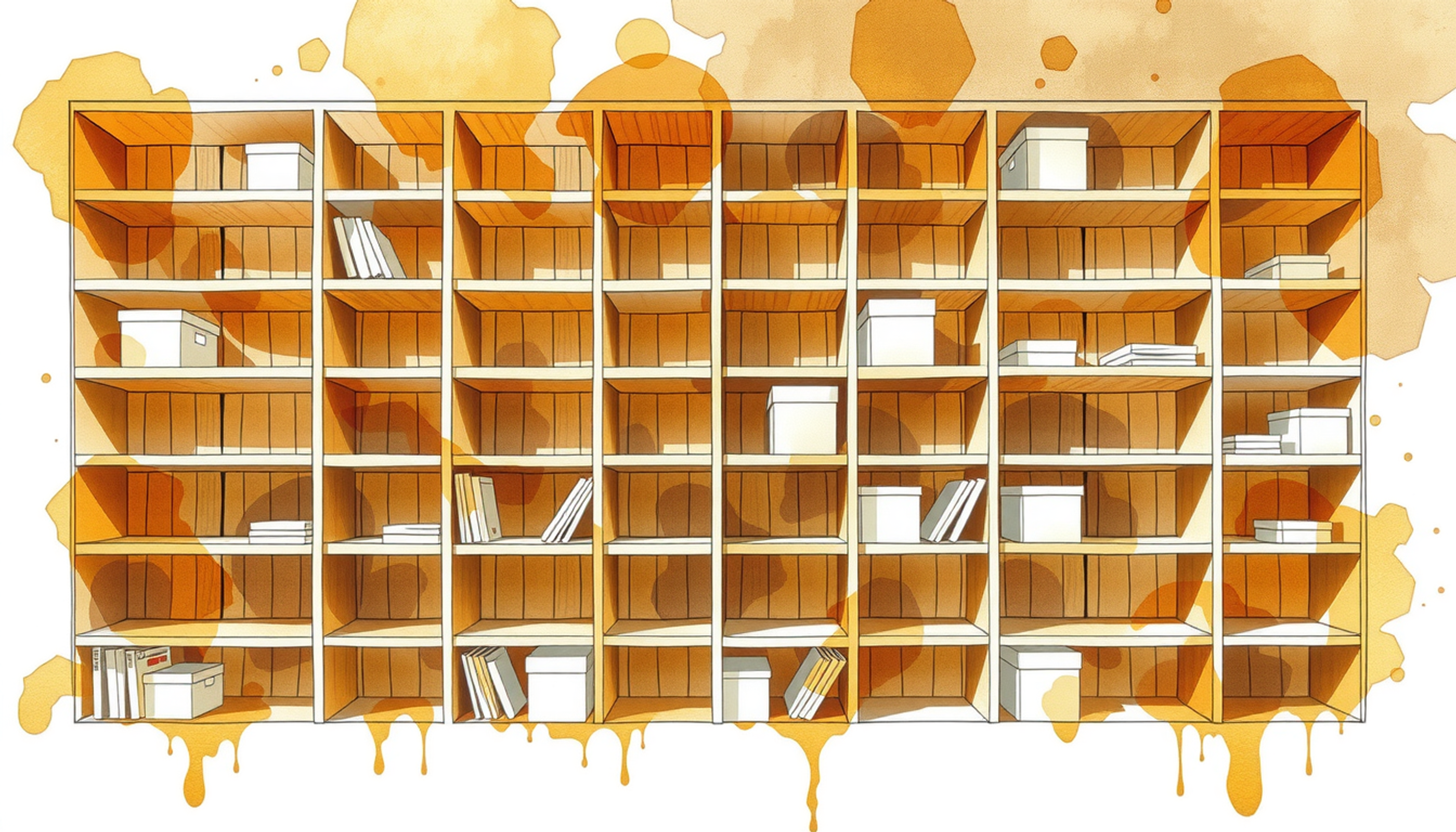Tall wooden shelving filled with unmarked storage boxes in warm lighting.