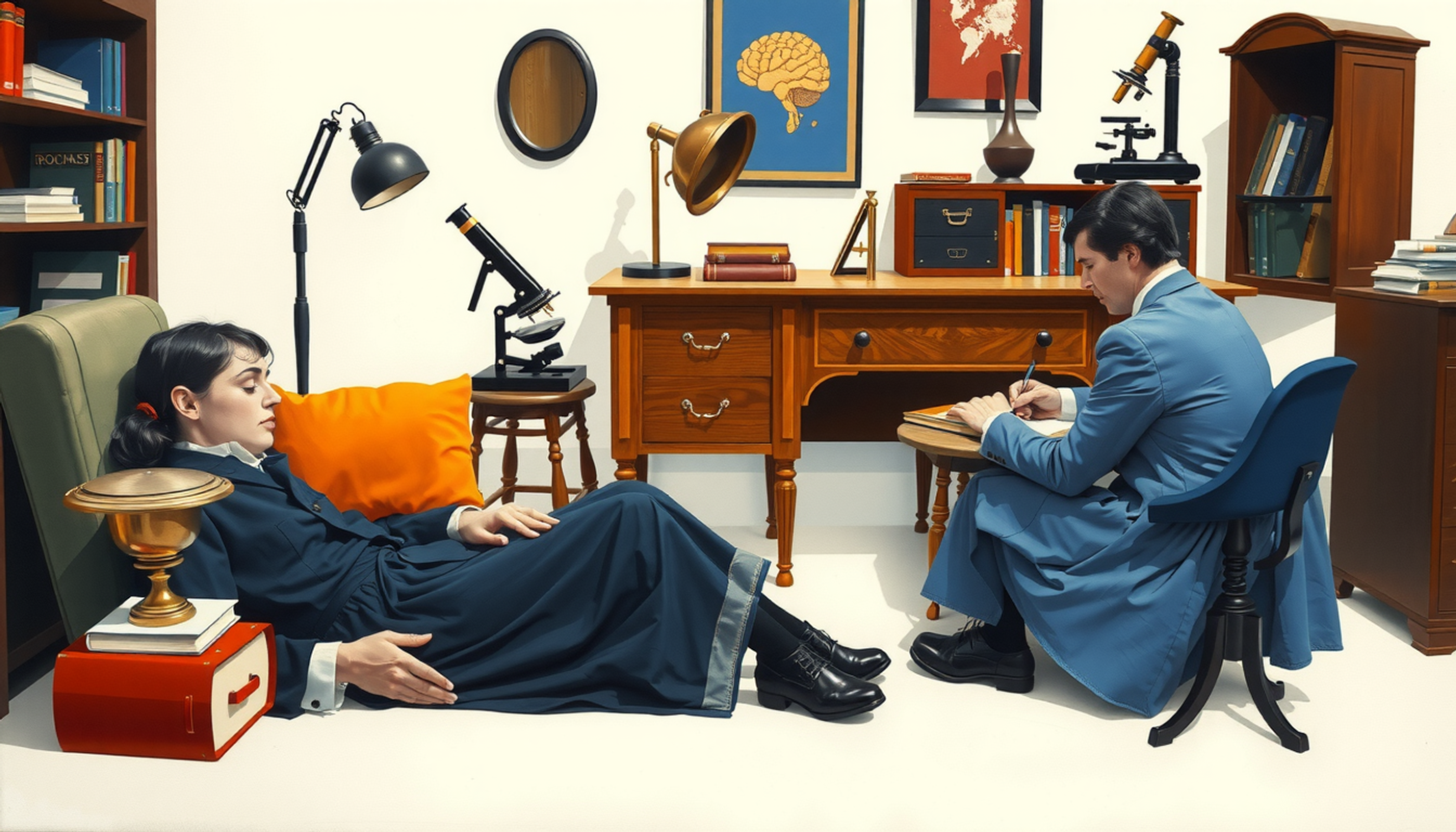 1920s Cornell psychology lab with sleeping subjects and vintage furniture.