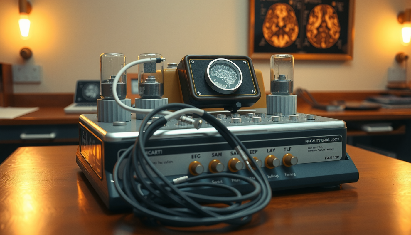 Vintage 1950s neuroscience lab with EEG machine and brain scan.