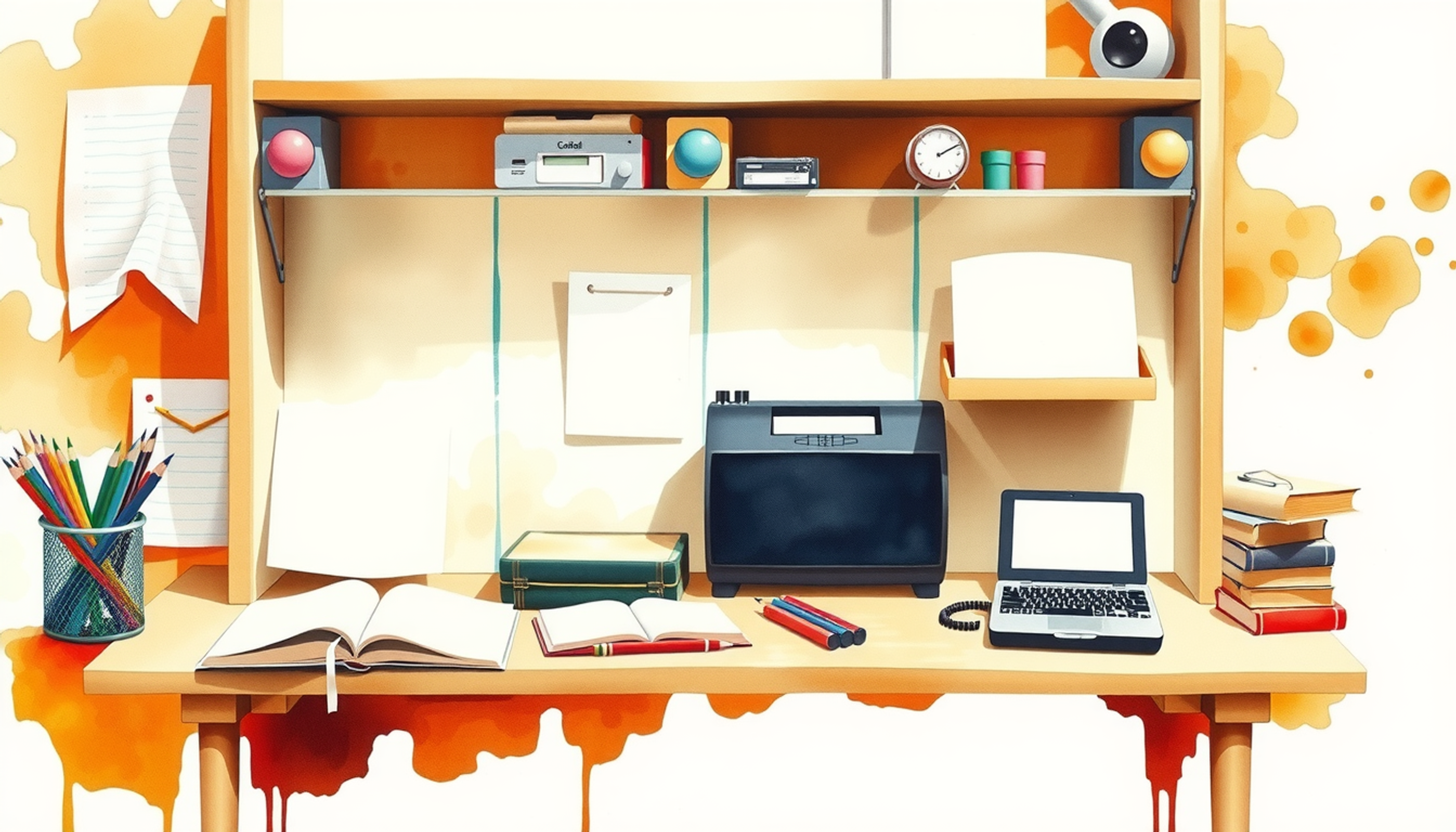 Vintage 1970s lab desk with notebooks, pencils, and wooden blocks.