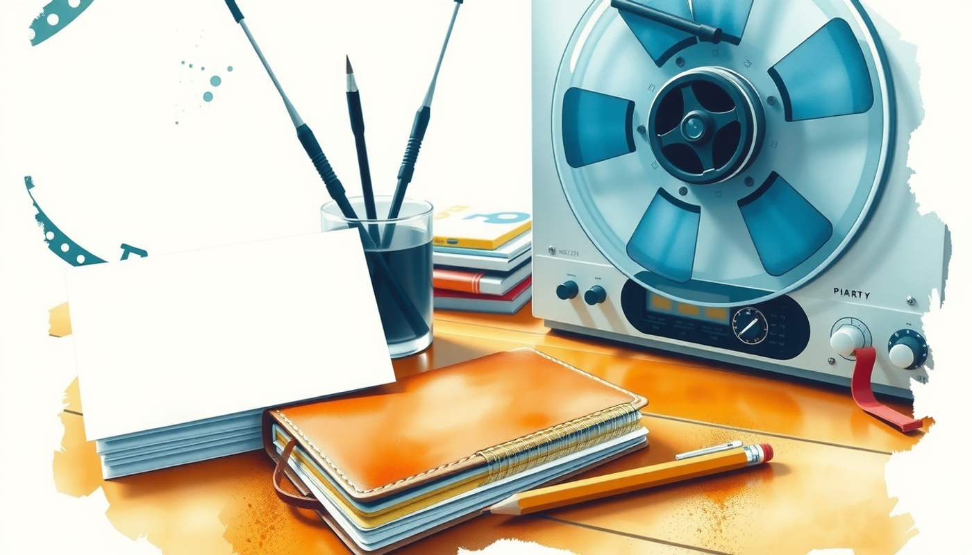 Vintage 1980s lab scene with notebook, index cards, and tape recorder.