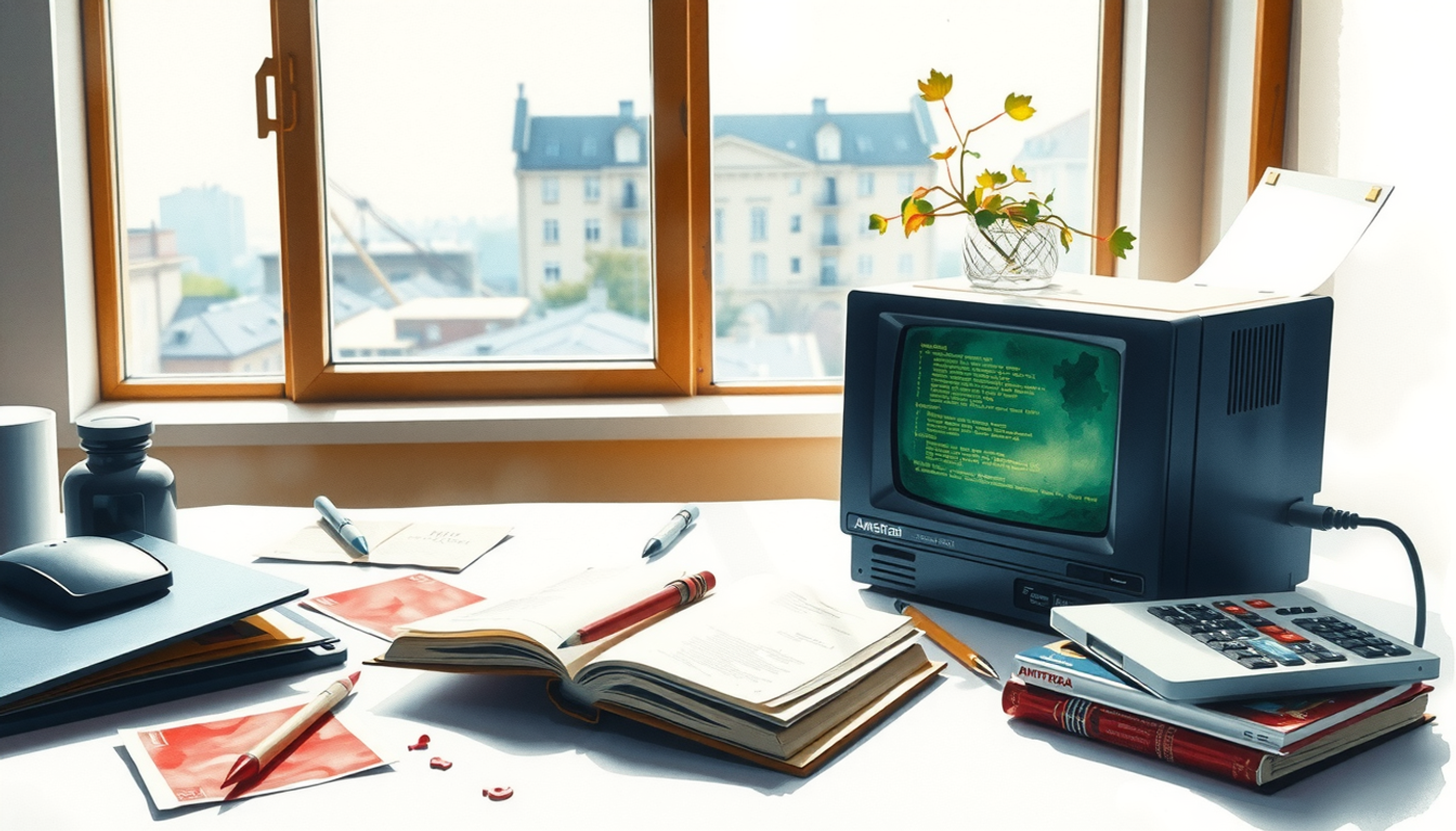 Vintage Amstrad PC 1512 on a cluttered student desk with glowing monitor.