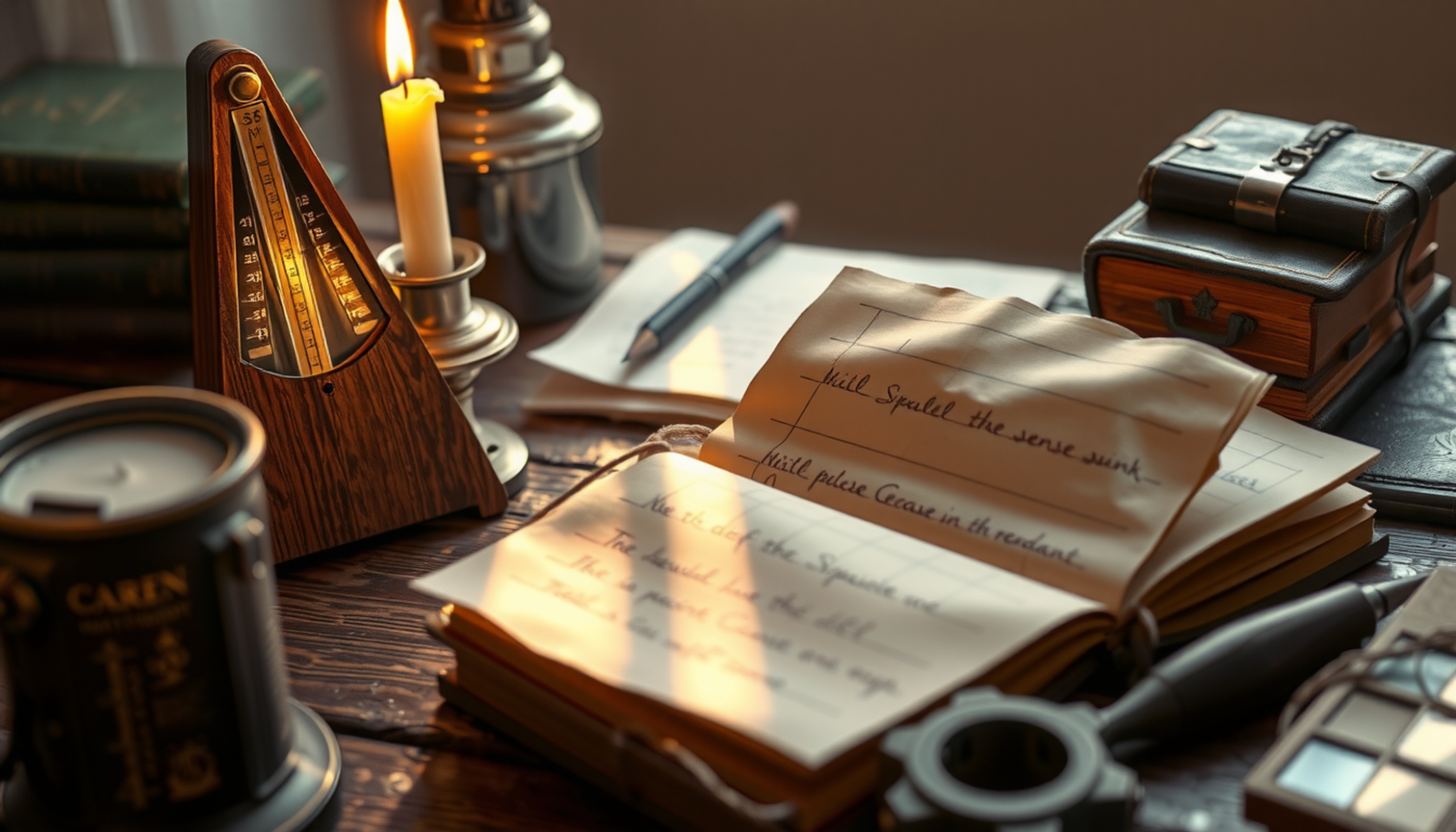 Vintage wooden desk with metronome, notes, candle, and notebook.