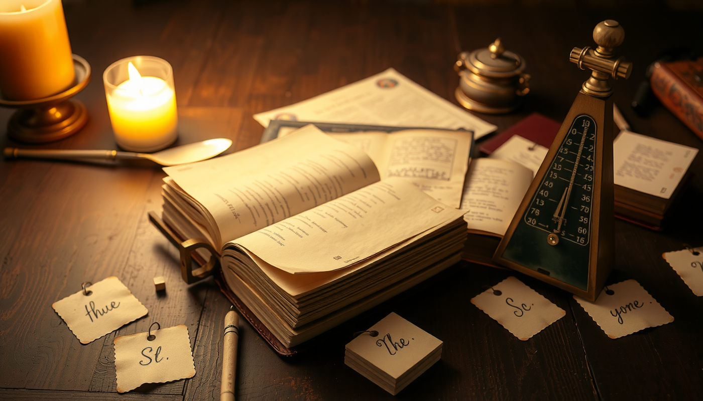 Open leather-bound book on a wooden table with syllable cards and metronome.