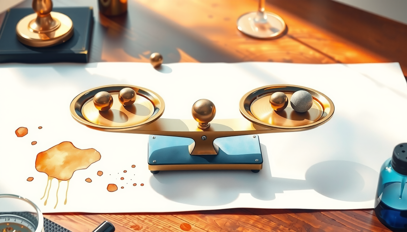 Vintage brass balance scale with polished metal spheres on dark wood.
