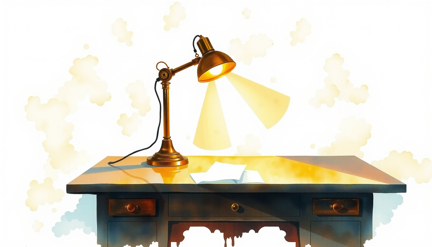 Vintage brass anglepoise lamp on a dark walnut desk in dim room.