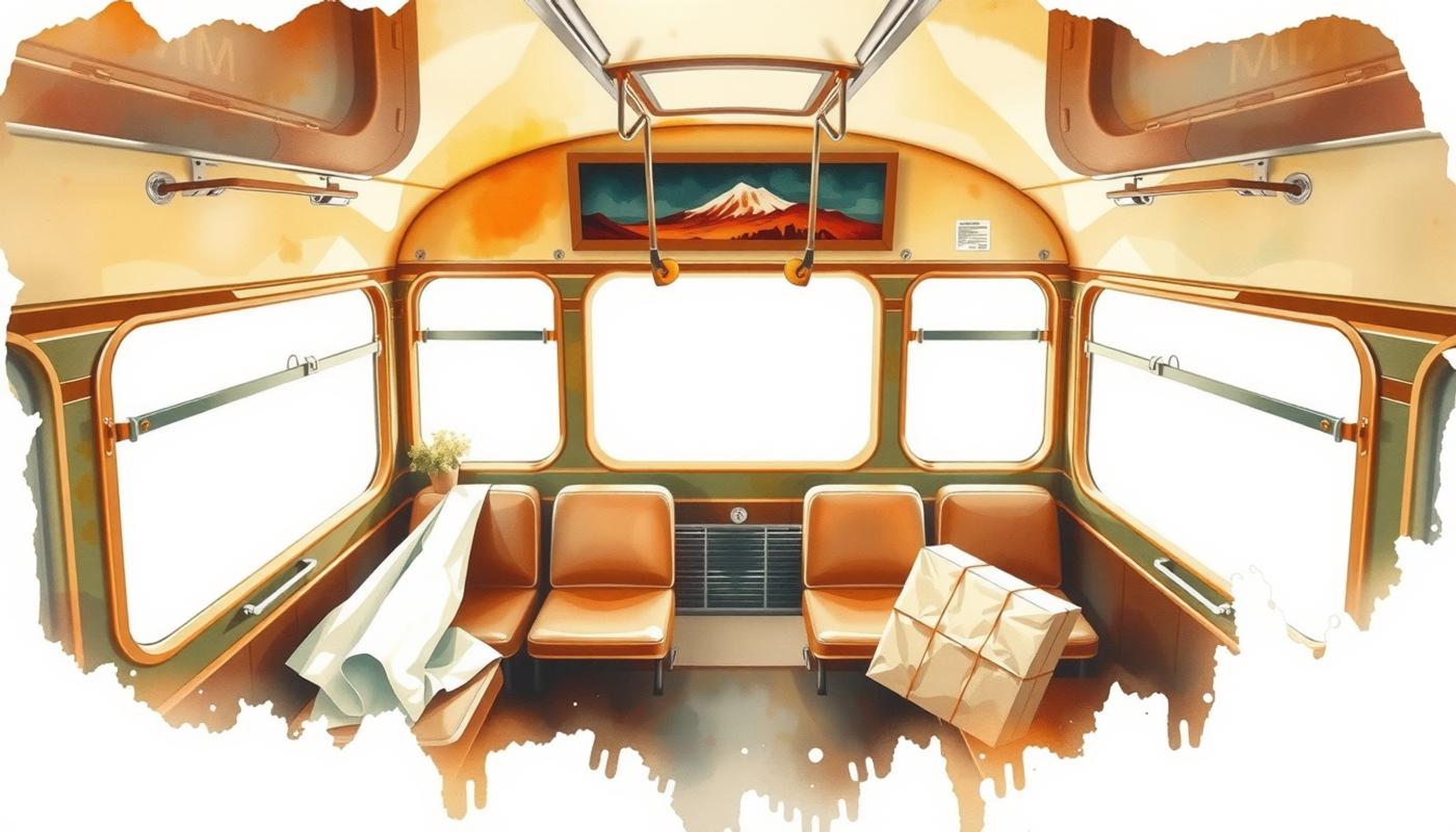 Vintage bus interior with empty leather seats and warm lighting.