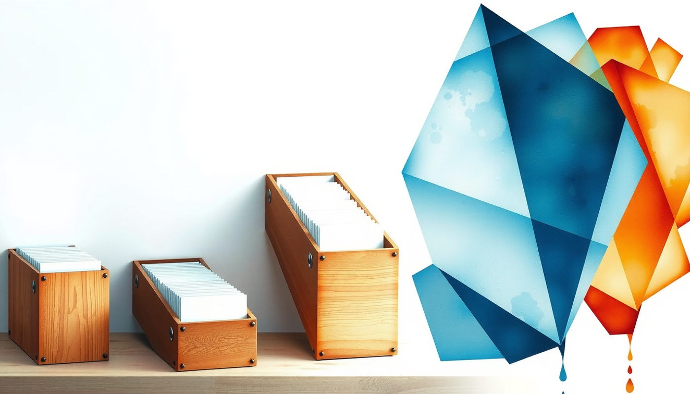 Vintage wooden card boxes with fanned index cards transitioning to glowing geometric shapes.