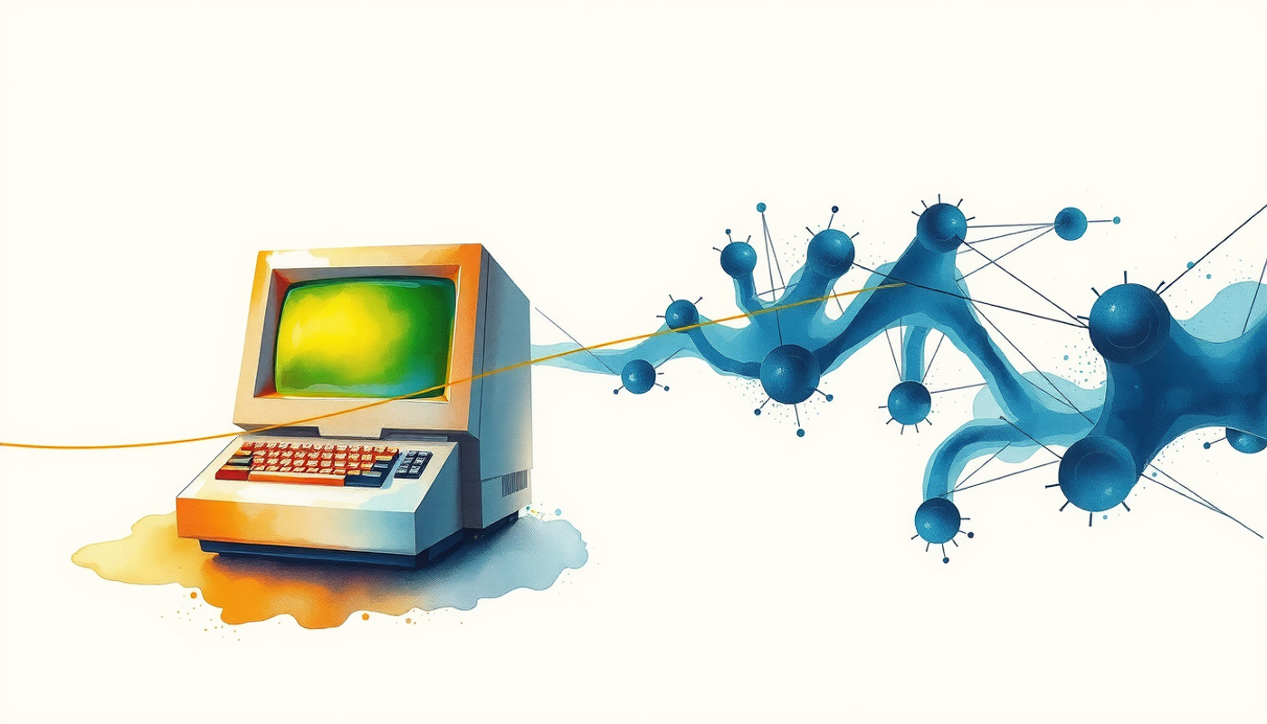 Vintage 1980s computer transitioning to modern neural network visualization.