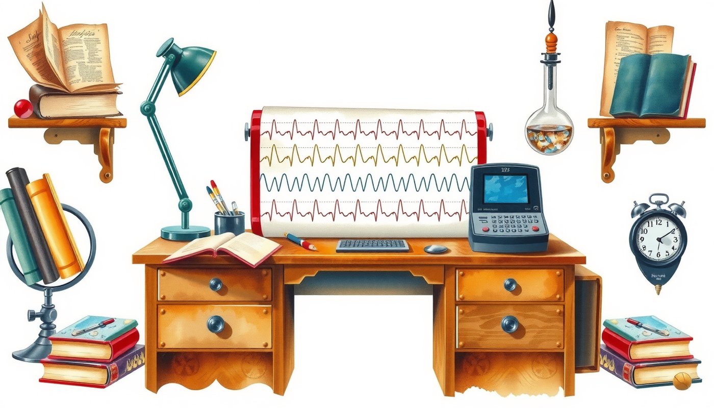 Vintage EEG machine with wave patterns in warm sepia tones.