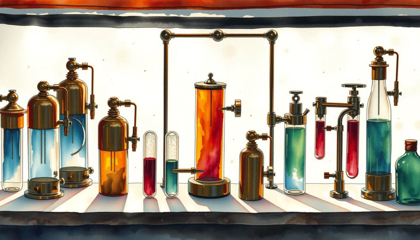 Early 20th century electrical lab with glowing tubes and copper wires.