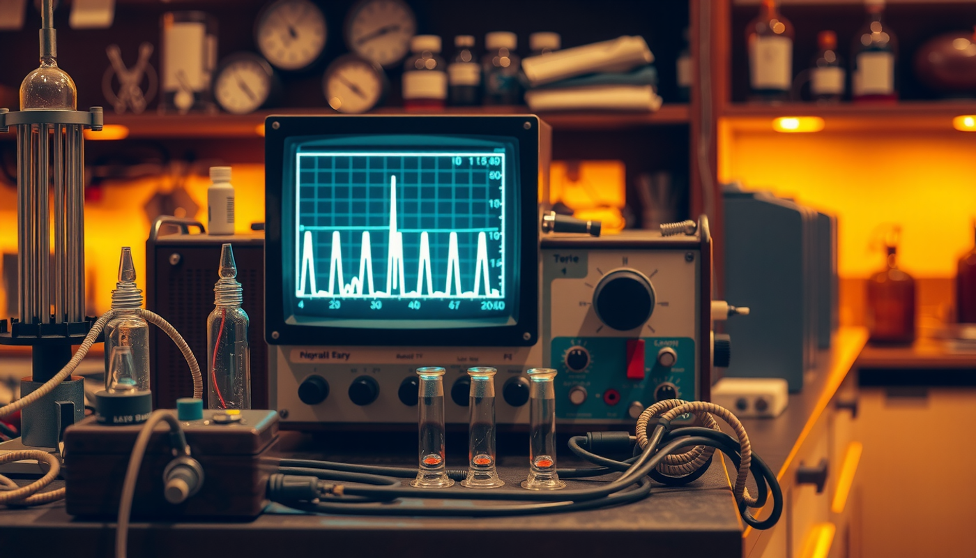 Vintage electrophysiology lab with oscilloscope and recording equipment in warm lighting.