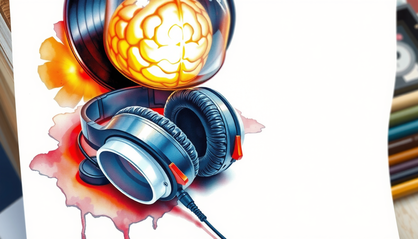 A pair of vintage over-ear headphones resting on a wooden table next to a vinyl record and a softly glowing brain-shaped lamp, warm ambient lighting, watercolor and ink style, intimate and nostalgic atmosphere, no text, no people or faces or hands