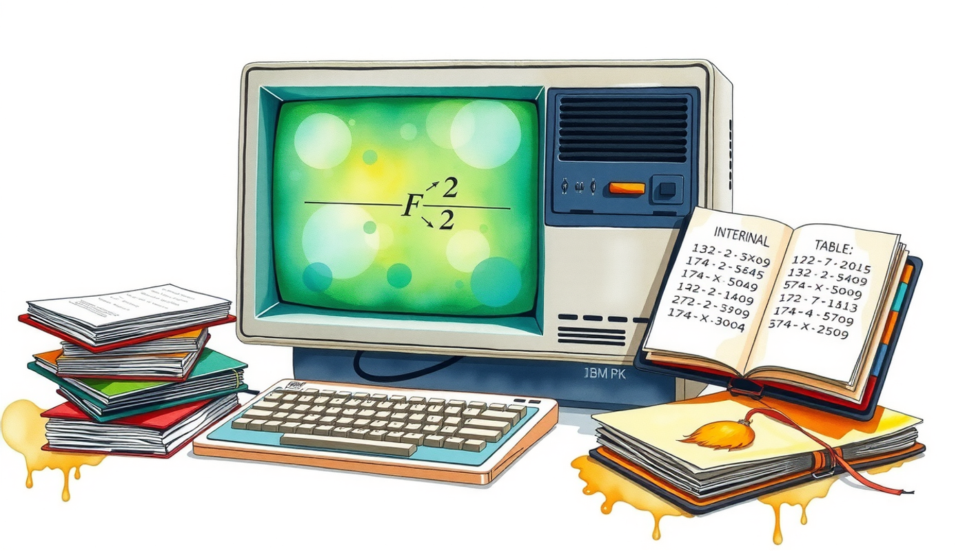 Vintage IBM PC monitor with glowing green terminal and notebooks.