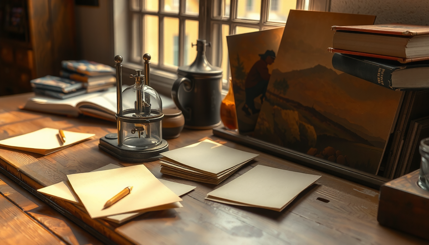 Vintage laboratory desk with nonsense syllable cards and landscape paintings.