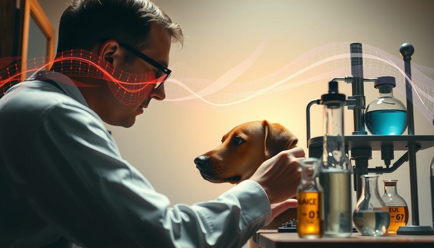 Vintage 1930s lab with scientist observing dog and abstract neural pathways.