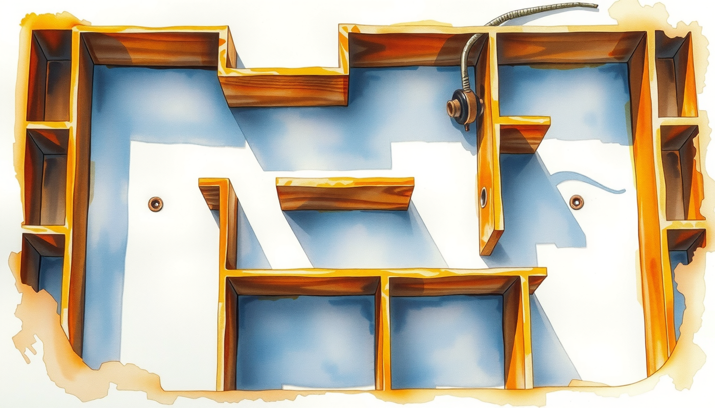 Vintage wooden rat maze with long shadows and soft lighting.