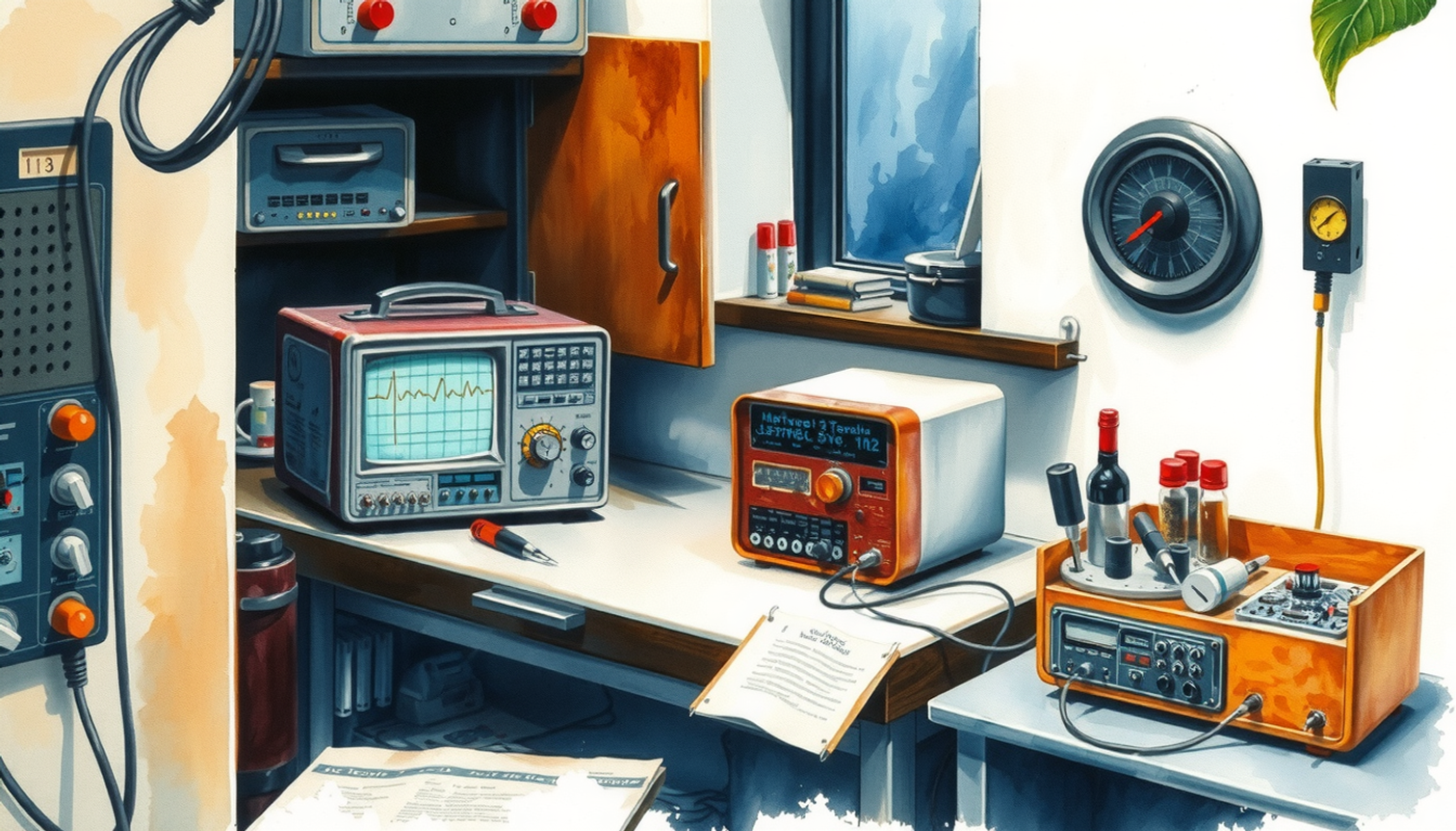 Dark 1960s laboratory with vintage equipment and dramatic shadows.