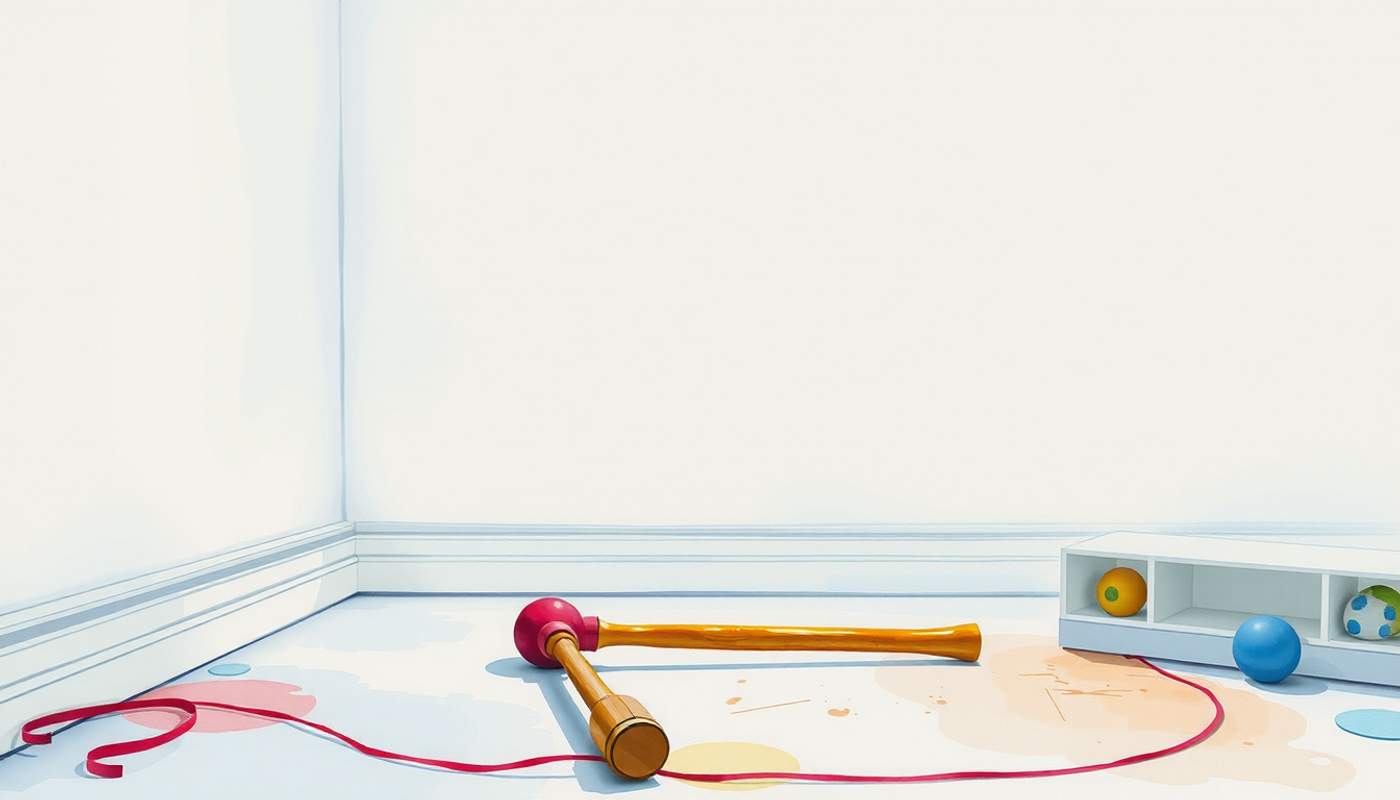 Empty 1960s nursery with inflatable toy and wooden mallet.