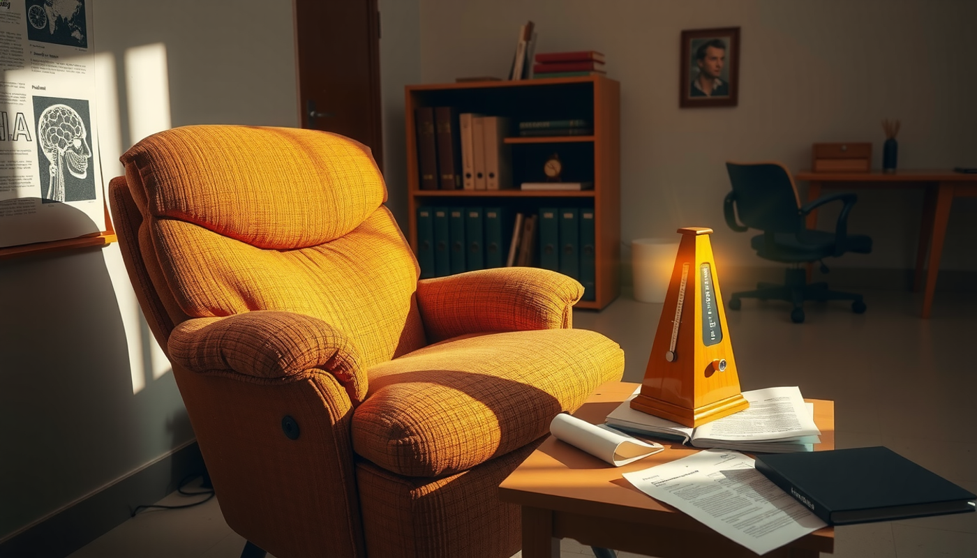 1970s psychology lab with reclining chair and colorful emotion auras
