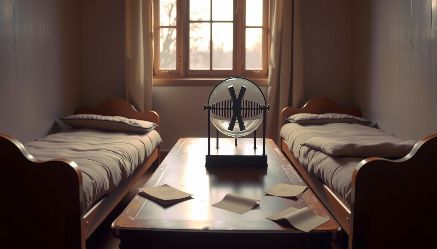 Vintage dormitory room with beds, memory drum, and moonlight ambiance.