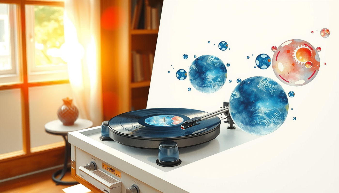 Vintage record player spinning a vinyl in warm golden light.