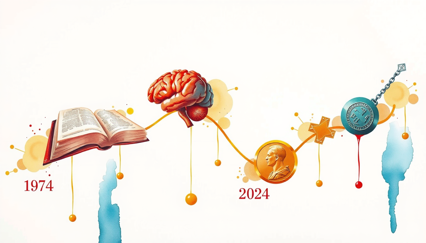 Vintage scientific timeline with key milestones from 1974 to 2024.